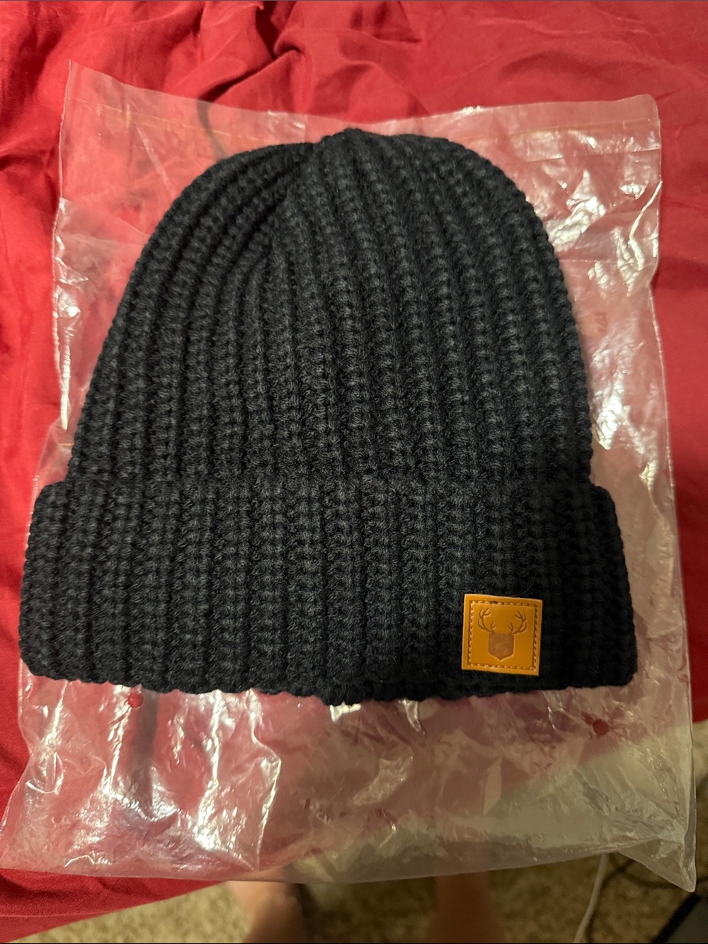 Women’s or Men’s Black Knit Cuffed Beanie with Leather Logo Patch